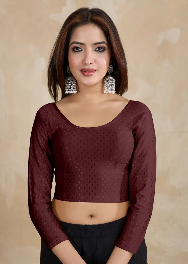 Wine_Dobby_Pure_Cotton_Elastin_Stretchable_Readymade_Blouse