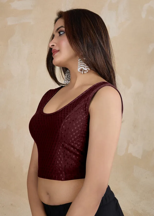 Wine_Dobby_Pure_Cotton_Elastin_Stretchable_Readymade_Blouse