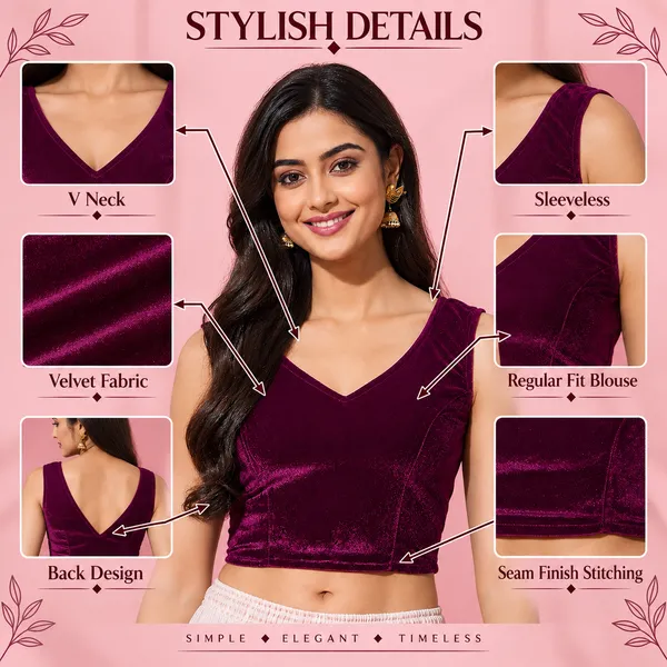 Wine_Velvet_Sleeveless_V-Neck_Readymade_Stylish_Saree_Blouse_Top
