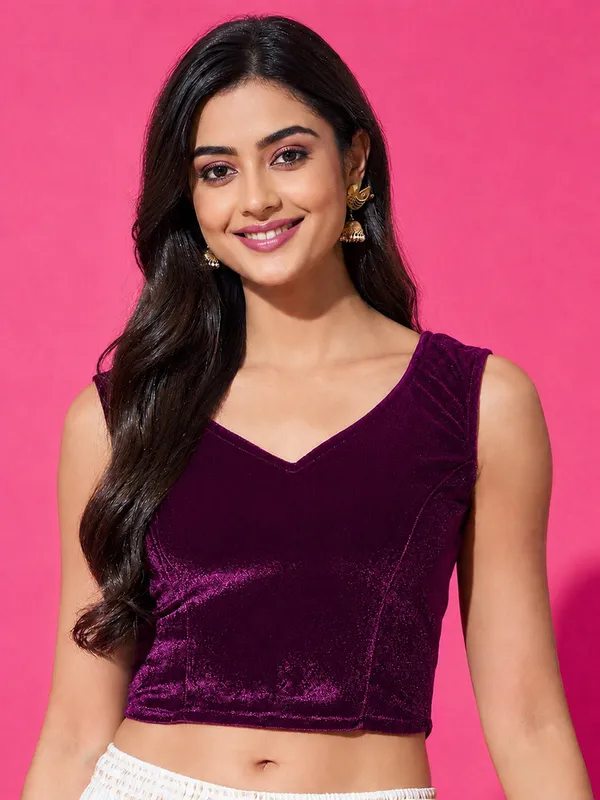 Wine_Velvet_Sleeveless_V-Neck_Readymade_Stylish_Saree_Blouse_Top