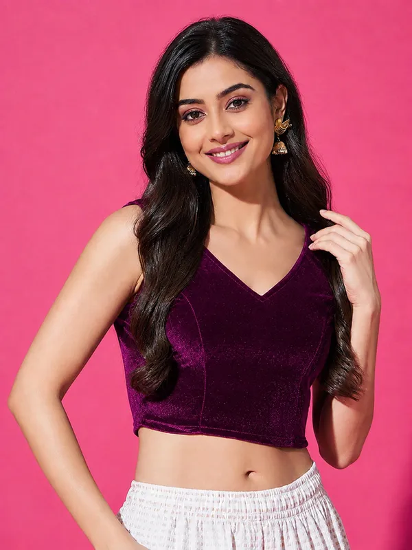 Wine_Velvet_Sleeveless_V-Neck_Readymade_Stylish_Saree_Blouse_Top
