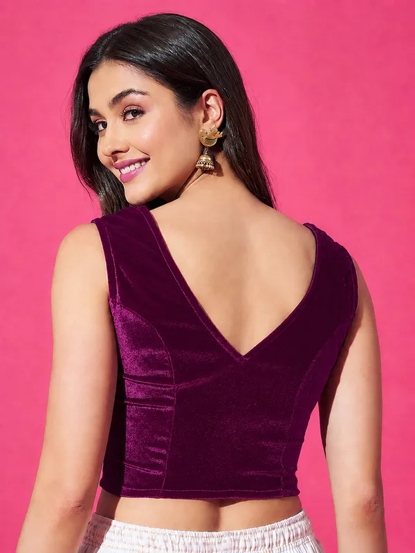 Wine_Velvet_Sleeveless_V-Neck_Readymade_Stylish_Saree_Blouse_Top