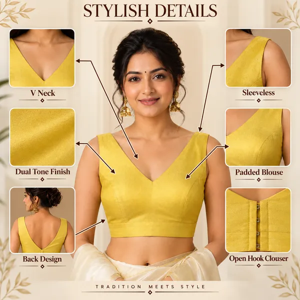 Yellow_Art_Silk_Stylish_V-Neck_Sleeveless_Plain_Saree_Blouse_For_Women