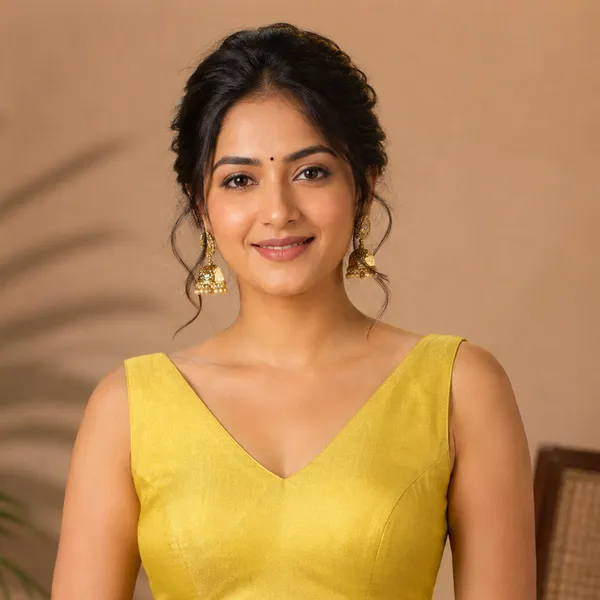 Yellow_Art_Silk_Stylish_V-Neck_Sleeveless_Plain_Saree_Blouse_For_Women