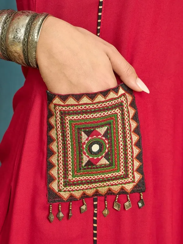 Red_Cotton_Flared_Anarkali_Kurta_Set_For_Women