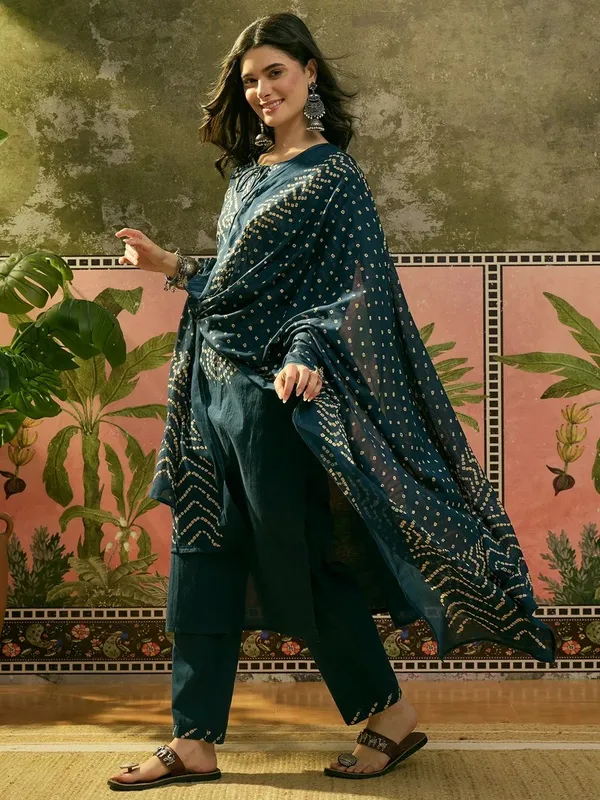 Teal_Cotton_Wide_Leg_Printed_Kurta_With_Palazzo_Pants_For_Women