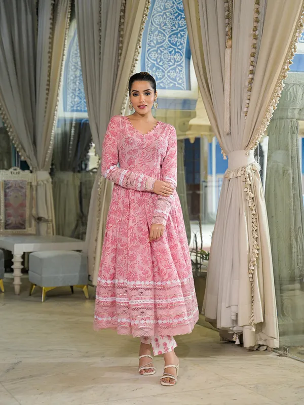 Pink_Cotton_Flared_Floral_Print_Anarkali_Suit_Set_For_Women