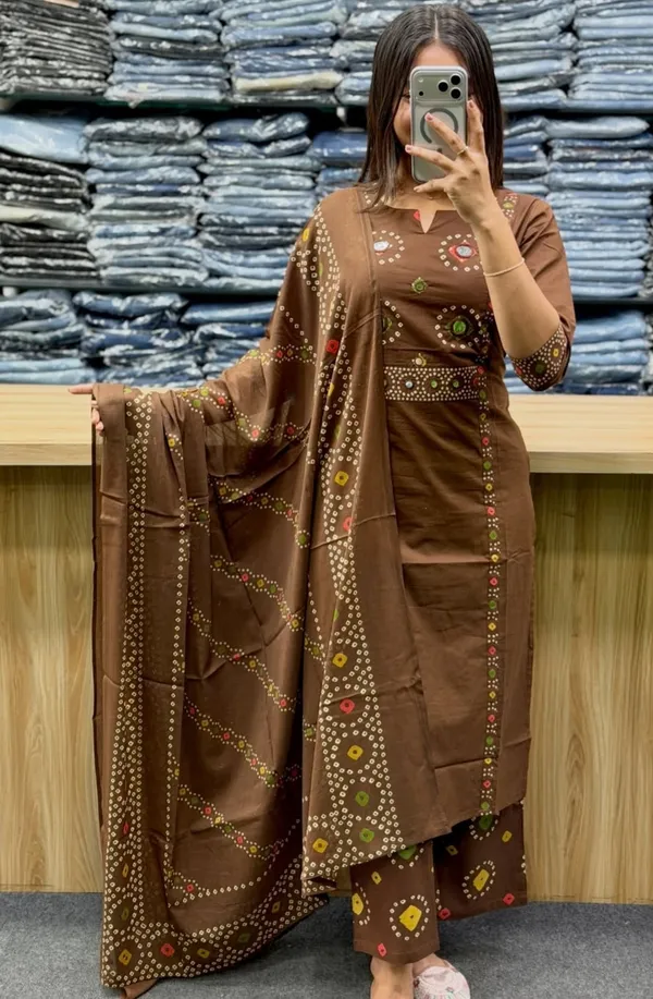 Brown_Cotton_Geometric_Dot_Print_Straight_Kurta_Set_For_Women