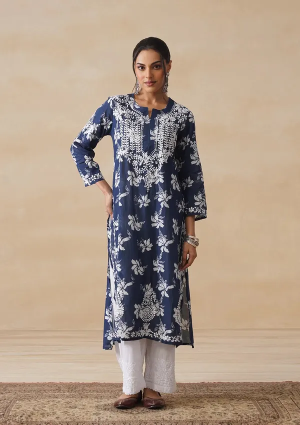 Navy_Blue_Cotton_Floral_Print_Straight_Kurta_For_Women
