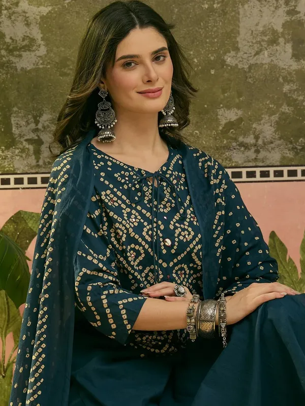 Teal_Cotton_Wide_Leg_Printed_Kurta_With_Palazzo_Pants_For_Women