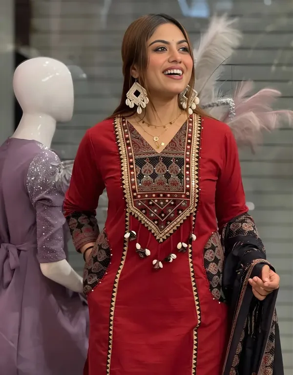 Red_Cotton_Embroidered_Straight_Kurta_With_Dupatta_For_Women