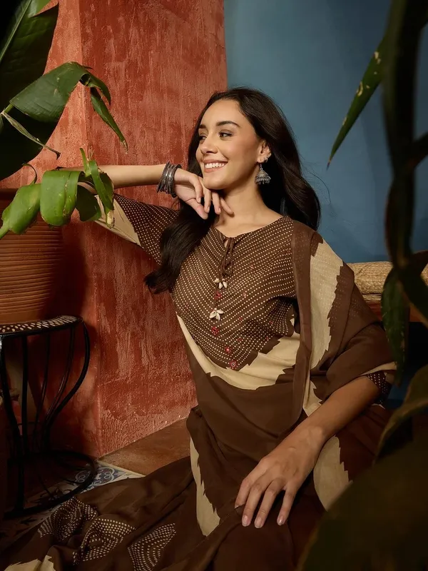 Brown_Cotton_Printed_Kurta_Pant_Dupatta_Set_For_Women