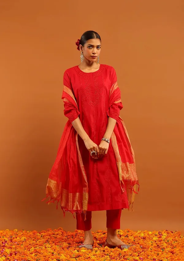 Red_Cotton_Straight_Kurta_Pant_Set_With_Dupatta_For_Women