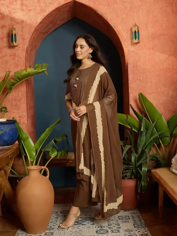 Brown_Cotton_Printed_Kurta_Pant_Dupatta_Set_For_Women