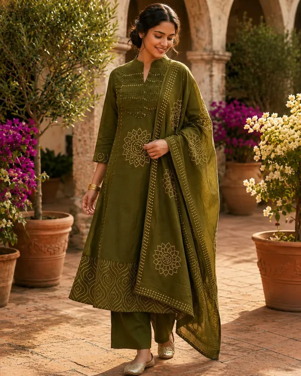 Olive_Green_Cotton_Embroidered_Kurta_Set_For_Women