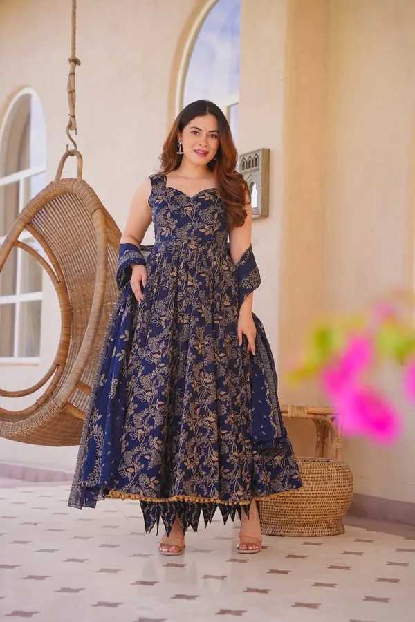 Navy_Blue_Cotton_Floral_Print_Sleeveless_Anarkali_Suit_Set_For_Women