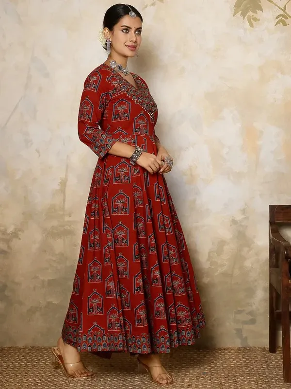 Rust_Cotton_Flared_Anarkali_Dress_For_Women