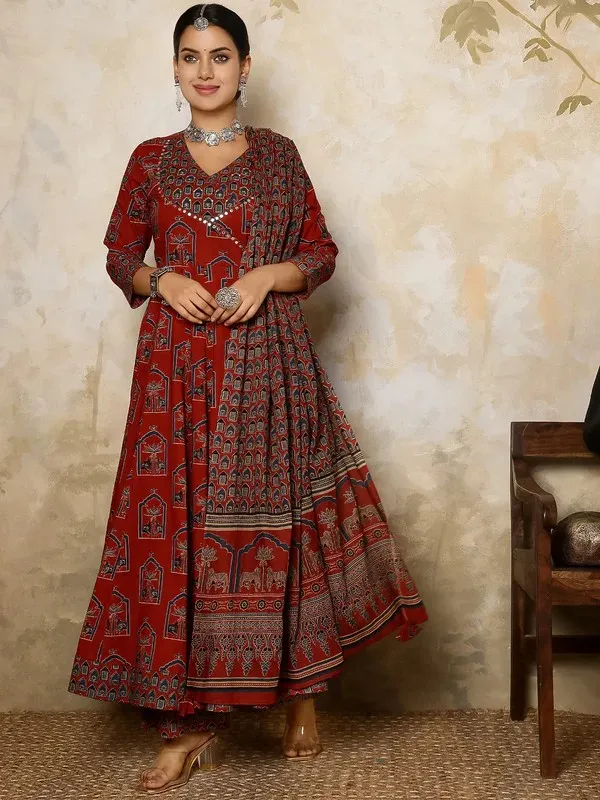 Rust_Cotton_Flared_Anarkali_Dress_For_Women