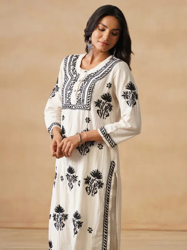 White_Cotton_Straight_Floral_Print_Kurta_Set_For_Women