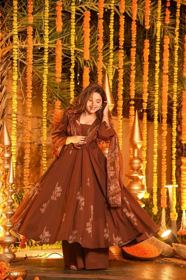 Brown_Cotton_Embroidered_Flared_Anarkali_Suit_Set_For_Women
