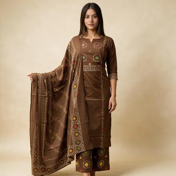 Brown_Cotton_Geometric_Dot_Print_Straight_Kurta_Set_For_Women