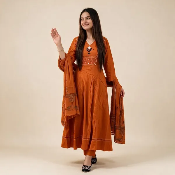 Orange_Cotton_Flared_Embroidered_Anarkali_Suit_Set_For_Women