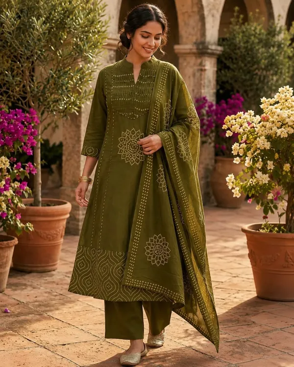 Olive_Green_Cotton_Embroidered_Kurta_Set_For_Women