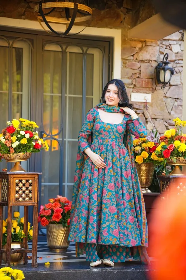 Blue_Cotton_Floral_Print_Flared_Anarkali_Suit_Set_For_Women