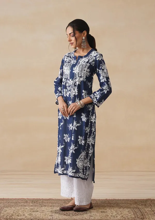 Navy_Blue_Cotton_Floral_Print_Straight_Kurta_For_Women