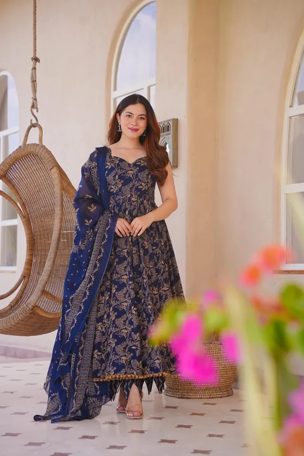 Navy_Blue_Cotton_Floral_Print_Sleeveless_Anarkali_Suit_Set_For_Women