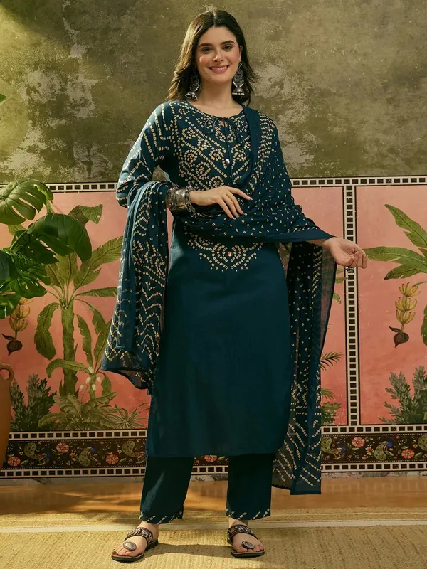 Teal_Cotton_Wide_Leg_Printed_Kurta_With_Palazzo_Pants_For_Women
