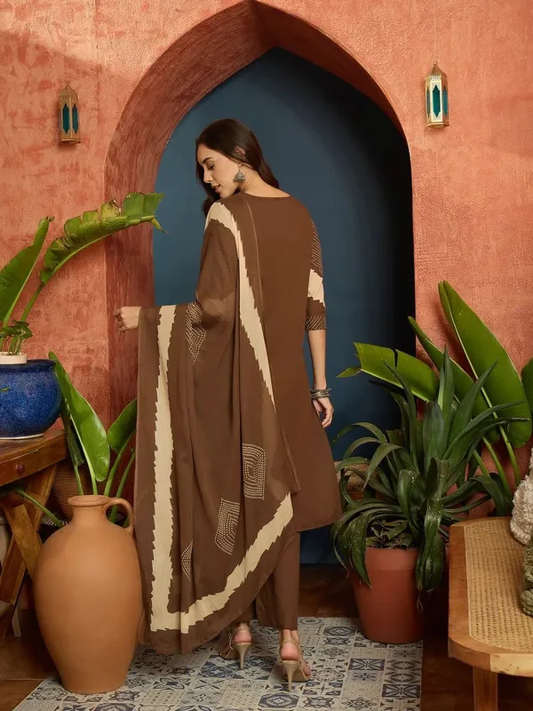 Brown_Cotton_Printed_Kurta_Pant_Dupatta_Set_For_Women