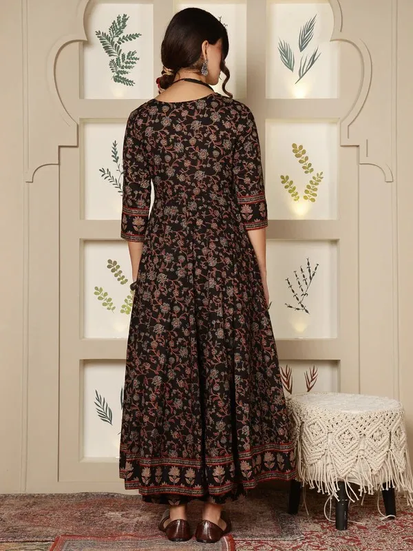 Black_Cotton_Floral_Print_Flared_Anarkali_Kurta_For_Women