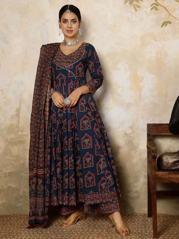 Navy_Blue_Cotton_Flared_Anarkali_Suit_Set_For_Women