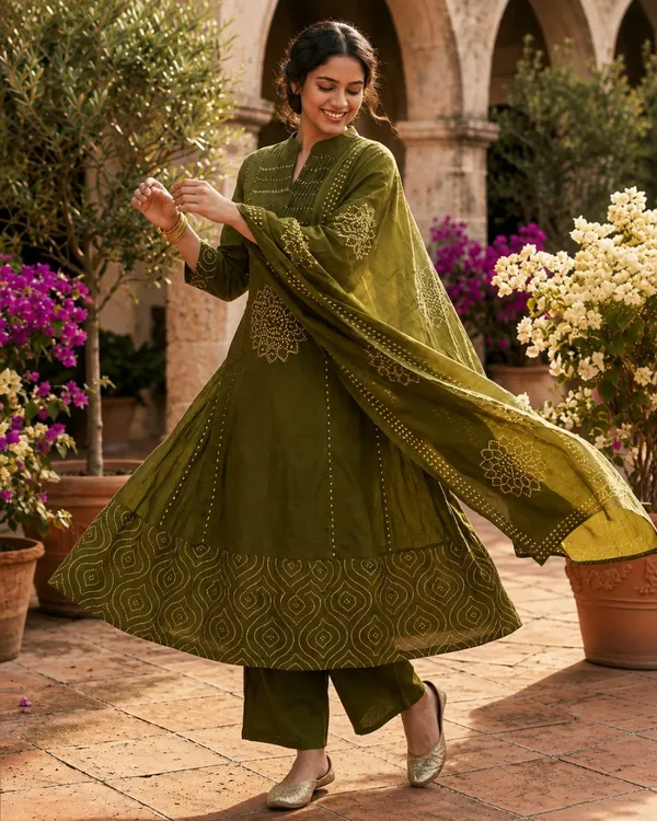 Olive_Green_Cotton_Embroidered_Kurta_Set_For_Women