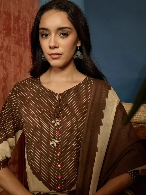 Brown_Cotton_Printed_Kurta_Pant_Dupatta_Set_For_Women