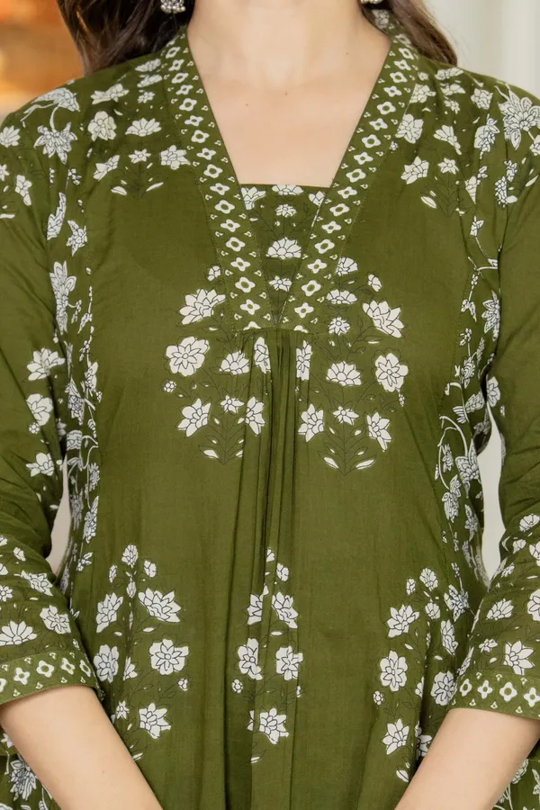 Olive_Green_Cotton_Floral_Print_Kurta_Set_With_Dupatta_For_Women
