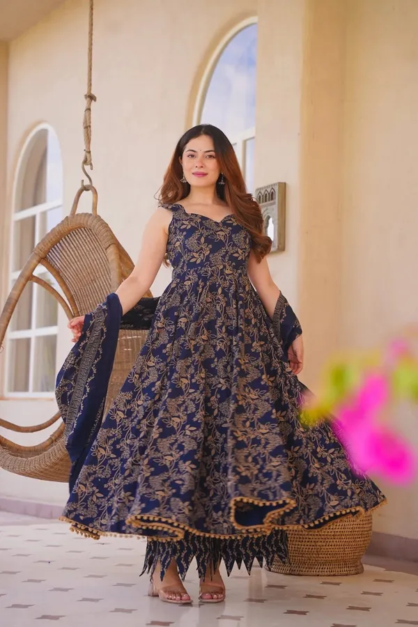 Navy_Blue_Cotton_Floral_Print_Sleeveless_Anarkali_Suit_Set_For_Women