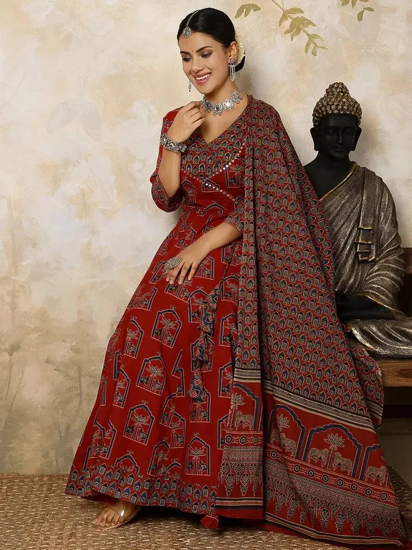 Rust_Cotton_Flared_Anarkali_Dress_For_Women