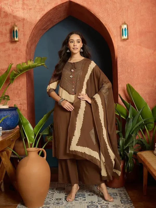 Brown_Cotton_Printed_Kurta_Pant_Dupatta_Set_For_Women