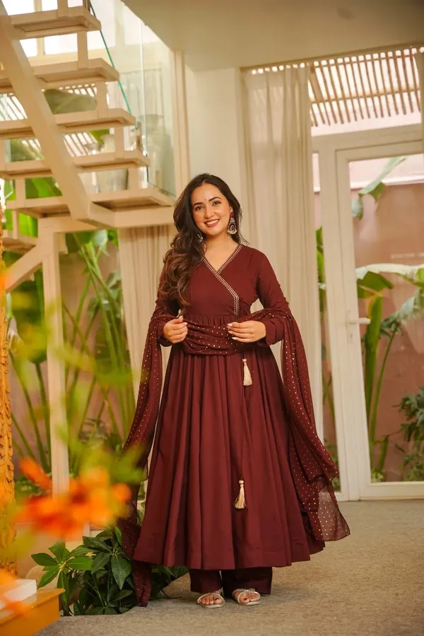 Brown_Cotton_Embroidered_Flared_Anarkali_Kurta_Set_For_Women