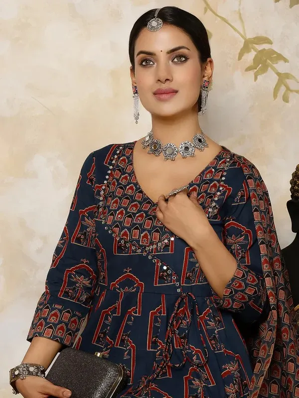 Navy_Blue_Cotton_Flared_Anarkali_Suit_Set_For_Women