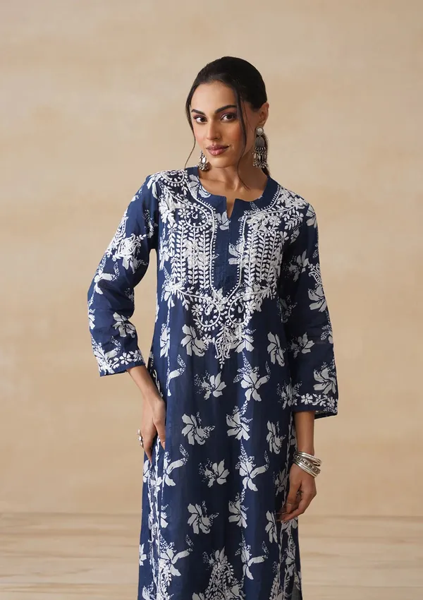 Navy_Blue_Cotton_Floral_Print_Straight_Kurta_For_Women