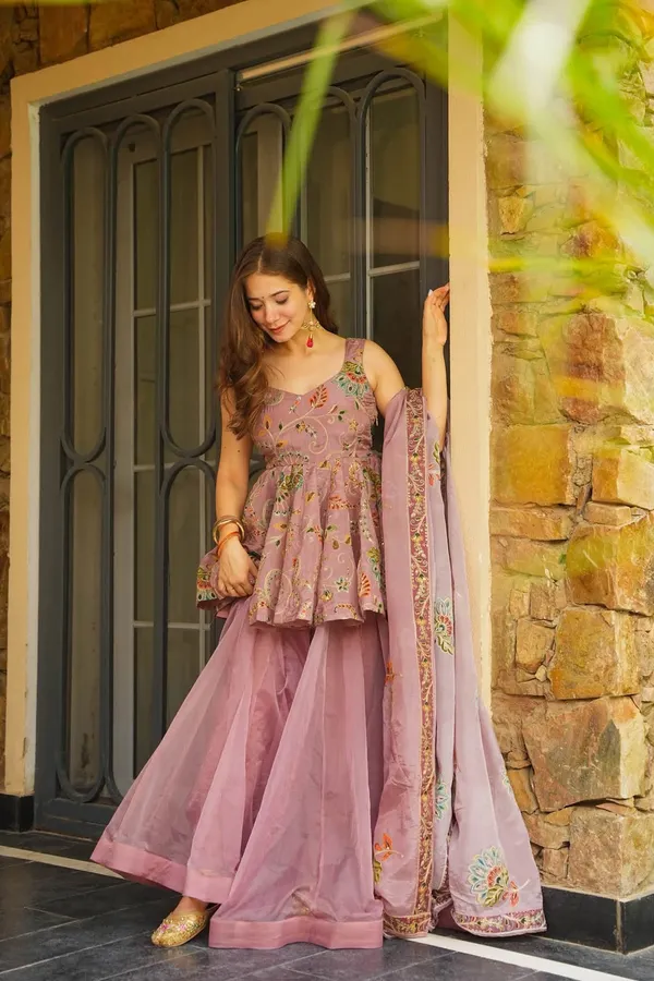 Mauve_Cotton_Embroidered_Peplum_Kurta_Sharara_Set_For_Women