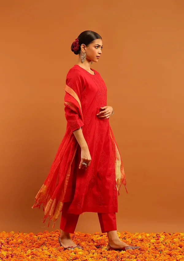 Red_Cotton_Straight_Kurta_Pant_Set_With_Dupatta_For_Women