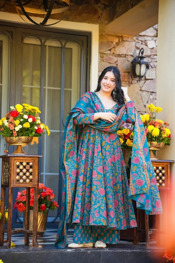 Blue_Cotton_Floral_Print_Flared_Anarkali_Suit_Set_For_Women