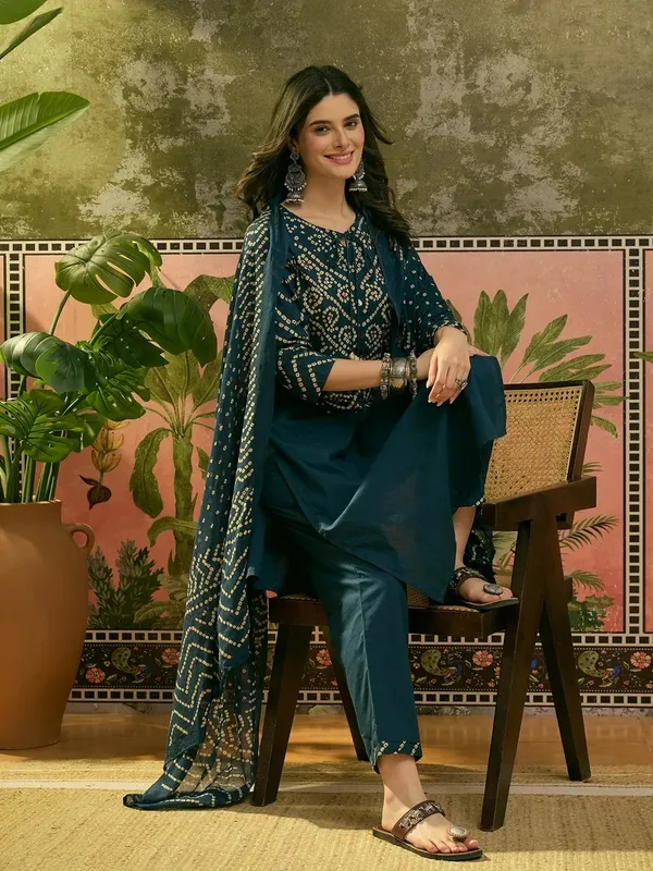 Teal_Cotton_Wide_Leg_Printed_Kurta_With_Palazzo_Pants_For_Women