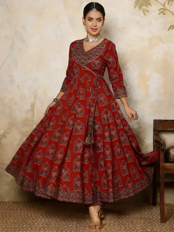 Rust_Cotton_Flared_Anarkali_Dress_For_Women