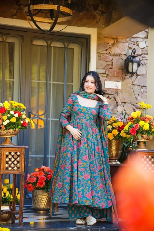 Blue_Cotton_Floral_Print_Flared_Anarkali_Suit_Set_For_Women