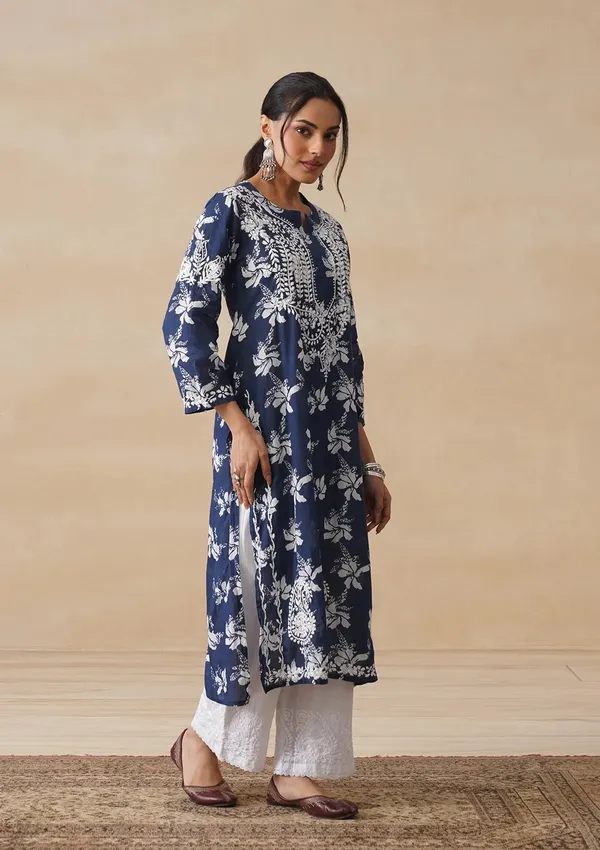 Navy_Blue_Cotton_Floral_Print_Straight_Kurta_For_Women